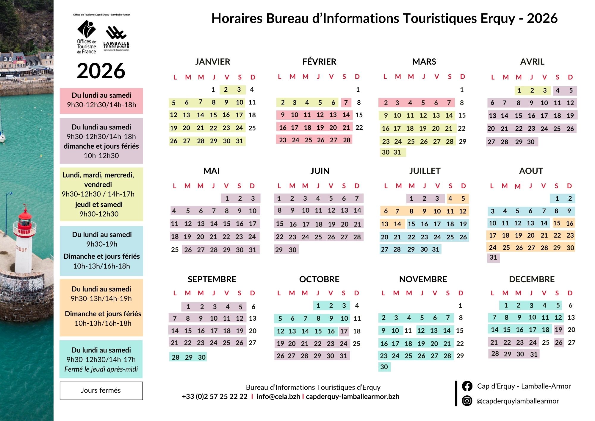 Horaires Bureaux d'Informations Touristiques d'Erquy 2026