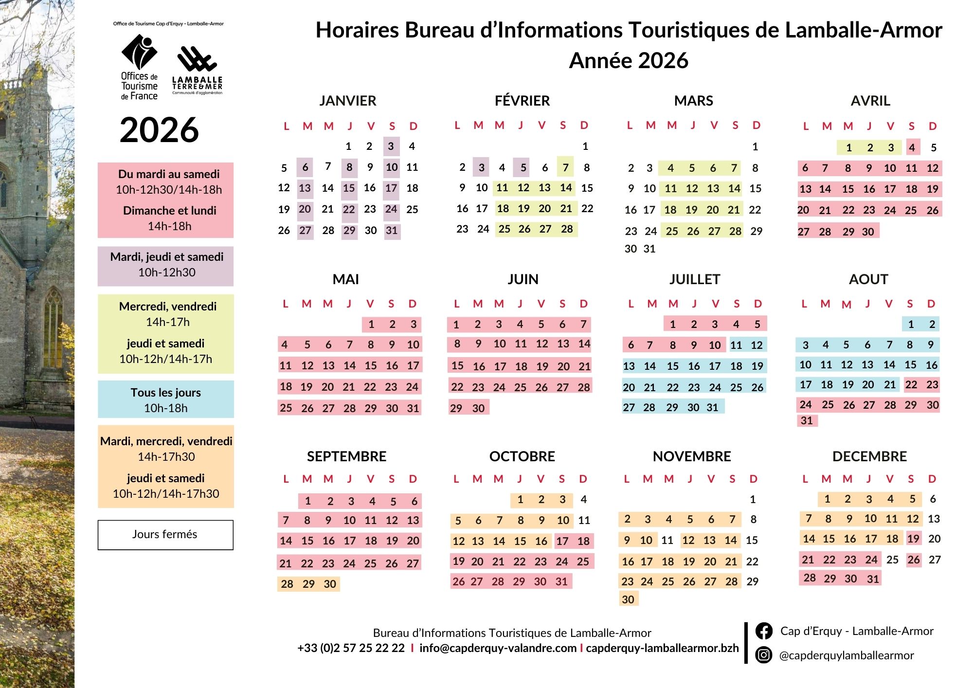 Horaires Bureaux d'Informations Touristiques de Lamballe-Armor 2026