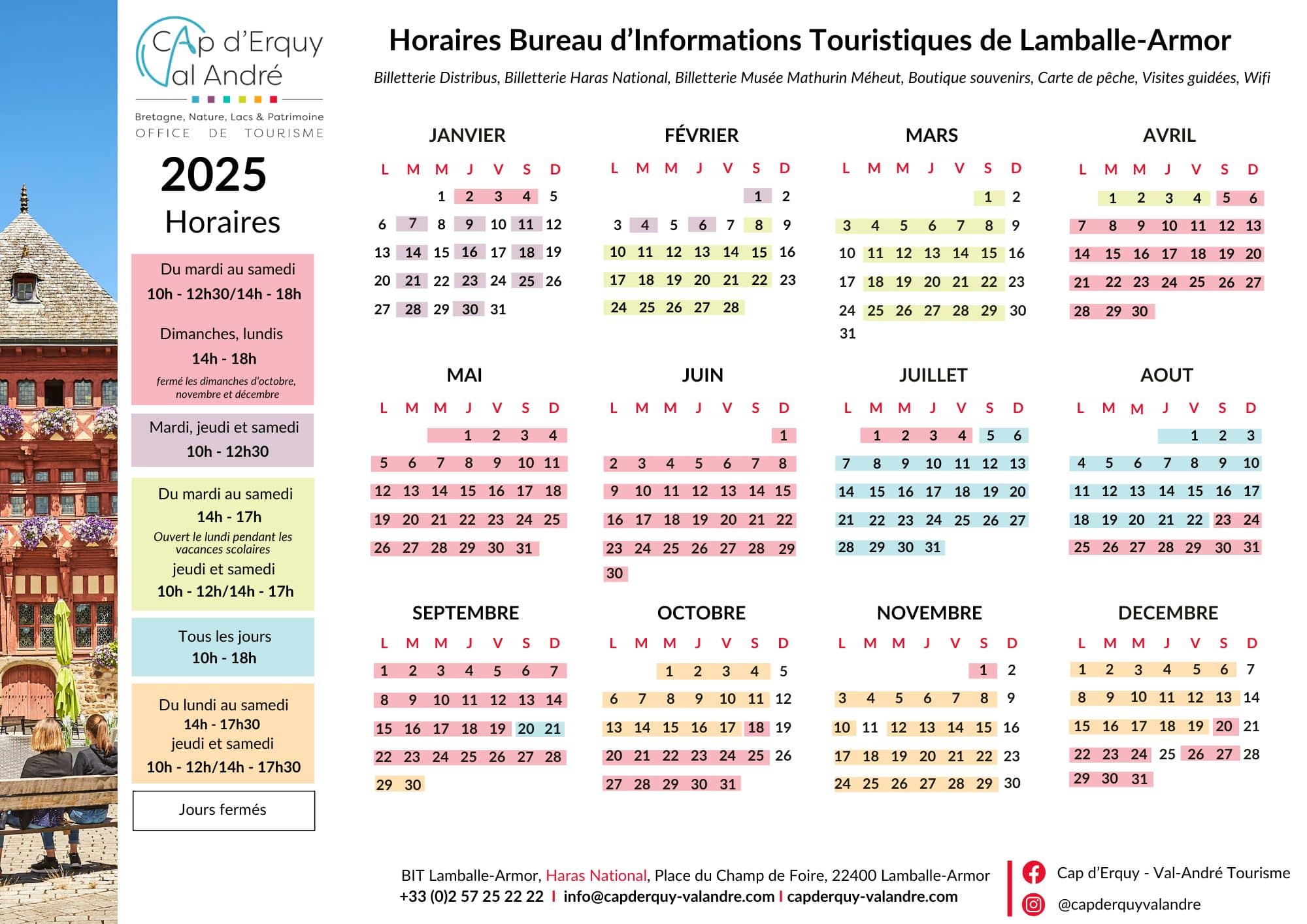 Horaires Bureaux d'Informations Touristiques de Lamballe-Armor 2025